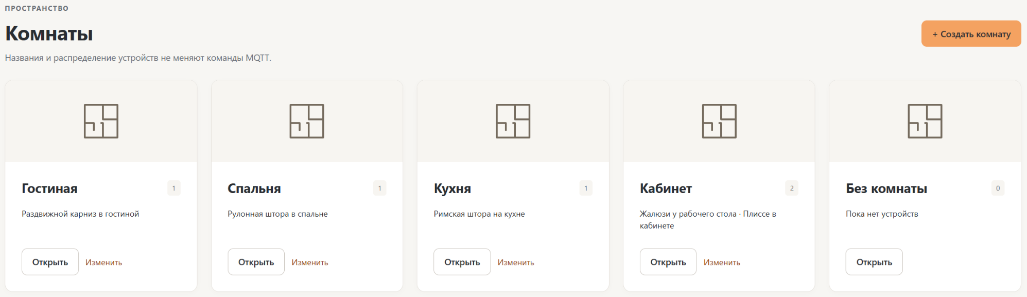 Комнаты с названиями устройств, счётчиками и кнопками открытия и изменения.